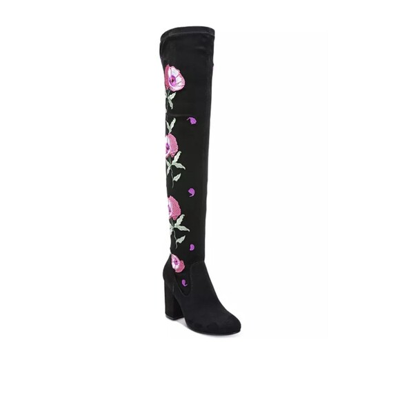 Carlos By Carlos Santana Boots 7.5 Womens Over The Knee Black Floral Embroidery - Picture 1 of 15